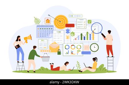 Planung, Verwaltung und Workflow-Management. Kleine beschäftigte Menschen mit Lupe und Megaphon arbeiten mit Online-Dokumenten, um Arbeitsaufgaben zu organisieren und zu planen Cartoon Vektor Illustration Stock Vektor