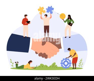 Partnerschaft und Zusammenarbeit von Geschäftsleuten, Unterzeichnung von Verträgen, Vereinbarungen und Vereinbarungen. Handschlag von zwei Geschäftspartnern, winzige Leute halten Ziel und Puzzleteile Karikaturvektor Illustration Stock Vektor