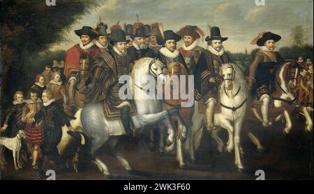 Fürst Maurice begleitet von seinen beiden Brüdern Friedrich V., Kurfürst Pfalz, und Grafen von Nassau zu Pferd, Adriaen Pietersz van de Venne (Anhänger von), um 1625 Stockfoto