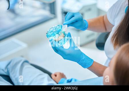 Die Ärztin hält ein Gebiss und eine Zahnbürste in den Händen Stockfoto