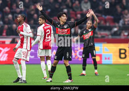 Amsterdam, Niederlande. Februar 2024. AMSTERDAM, NIEDERLANDE - 18. FEBRUAR: Koki Ogawa von NEC wurde während des niederländischen Eredivisie-Spiels zwischen AFC Ajax und NEC in der Johan Cruijff Arena am 18. Februar 2024 in Amsterdam verwirrt. (Foto: Pieter van der Woude/Orange Pictures) Credit: Orange Pics BV/Alamy Live News Stockfoto