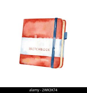 Das Skizzenbuch ist handgemalt in Aquarell auf weißem Hintergrund. Stockfoto