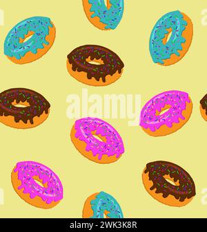 Leckere Donuts mit verschiedenen Zuckerguss auf gelbem Hintergrund. Der Traum von einem süßen Zahn. Nahtlose Textur. Stockfoto