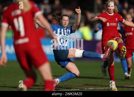 Crawley, Großbritannien. Februar 2024. Brightons Elisabeth Terland fordert die Gemma Bonner von Liverpool beim Barclays Women's Super League-Spiel zwischen Brighton & Hove Albion und Liverpool im Broadfield Stadium in Crawley heraus. Quelle: James Boardman/Alamy Live News Stockfoto