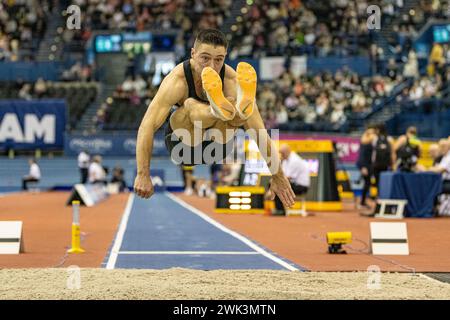 Utilita Arena, Birmingham, Großbritannien. Februar 2024. 2023 Microplus UK Leichtathletik Indoor Championships Tag 2; James Lelliott von Harrow AC nimmt an der Long Jump Credit: Action Plus Sports/Alamy Live News Teil Stockfoto