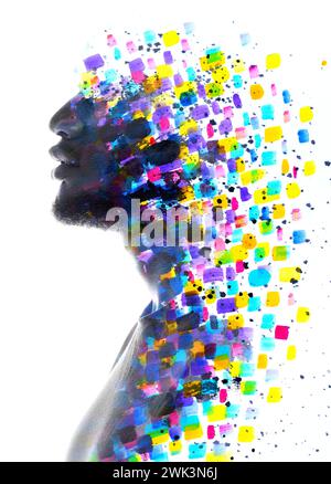 Ein Painttographie-Doppelbelichtungsprofil-Porträt eines Mannes Stockfoto