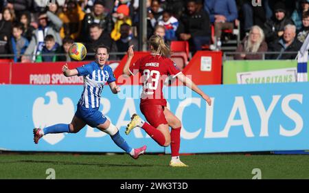 Crawley, Großbritannien. Februar 2024. Brightons Elisabeth Terland und Liverpool Gemma Bonner während des Barclays Women's Super League Spiels zwischen Brighton & Hove Albion und Liverpool im Broadfield Stadium in Crawley. Quelle: James Boardman/Alamy Live News Stockfoto