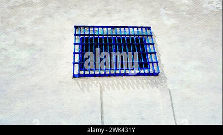 Ein blaues Fenster, das mit einem diebstahlsicheren Metallgitter geschlossen wurde. Stockfoto