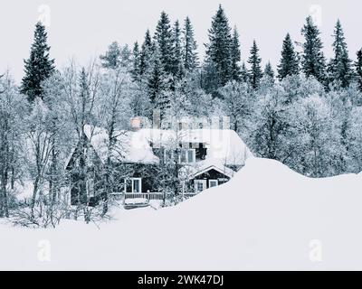 Dieses Bild zeigt ein malerisches Cottage mit frischem Schnee, eingebettet in einen dichten Kiefernwald. Die heitere Winterszene vermittelt ein Stockfoto