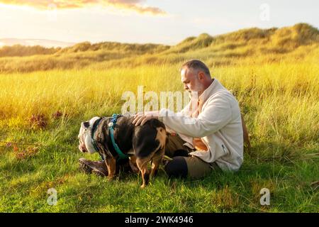 Fröhlicher Rentner mit englischen Bulldoggen, die auf Gras ruhen und am Herbsttag in Wales spazieren gehen. Reisen Sie mit Hunden. Hundeausbildung. Happy Free Stockfoto