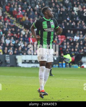 Bramall Lane, Sheffield, Großbritannien. Februar 2024. Premier League Football, Sheffield United gegen Brighton und Hove Albion; Danny Welbeck von Brighton & amp; Hove Albion feiert das zweite Tor seiner Mannschaft in der 24. Minute, die 0-2 erzielte. Credit: Action Plus Sports/Alamy Live News Stockfoto