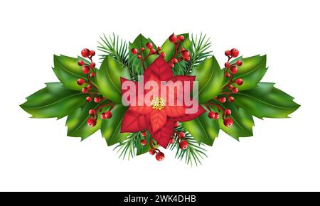 Weihnachten und Neujahrsdekoration . Für Websites, Karten, Banner oder Poster. Weihnachtsgirlande. Weihnachtsbaumzweige, rote Beeren, stechpalme Blätter A Stockfoto