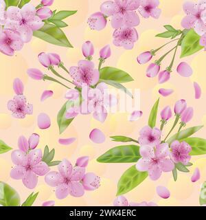 Banner mit Blütenkirsche oder Sakura. Frühlingsblumen. Nahtloses Muster mit Kirschzweigen und rosa Blüten mit grünen Blättern. Stockfoto