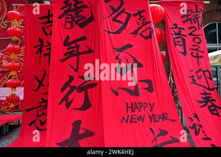 Chinesischer Schriftzug für „Glück und Zuhause“ Happy New Year Banner Stockfoto
