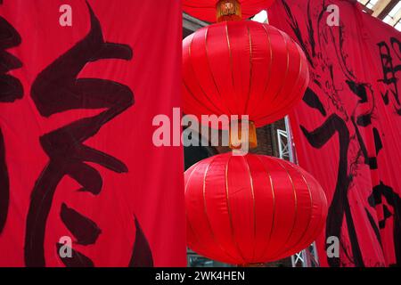 Chinesischer Schriftzug für „Glück und Zuhause“ Happy New Year Banner Stockfoto