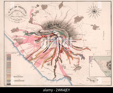 Farbenfrohe Vintage-Karte: „Eine Karte des Vesuvs“, die die Richtung der Flüsse von Lava in den Eruptionen von 1631 n. Chr. bis 1831 n. Chr. zeigt. Von John Auldjo, 1833 Stockfoto