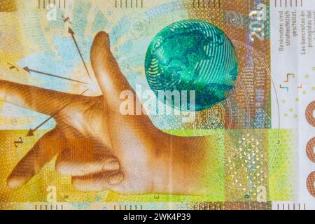 Makroaufnahme von zweihundert schweizer Franken Banknoten Stockfoto