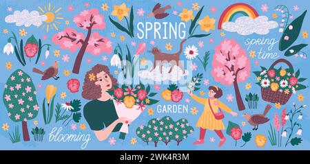 Blumenmuster. Frühlingsblumenpflanzen, niedliches, einfaches Tulpenblatt für den ostergarten, Sommerstrauß in der Natur. Süße, schöne Frau, die Blumen hält. Zeichentrickfilm flache isolierte Illustration. Abstraktes Clipart des Vektors Stock Vektor