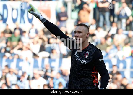 Lukasz Skorupski von Bologna Gesten während des Fußballspiels der Serie A SS Lazio - Bologna FC Stadio Olimpico am 18. Februar 2024 in Rom, Italien. Stockfoto