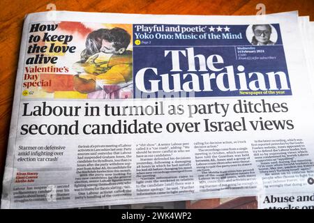 Kier Starmer „Labour in Turmoil as Party Dotches Second Kandidat over Israel Views“ Guardian-Zeitung Schlagzeile 14 Februar 2024 London UK Stockfoto