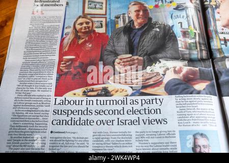 "Labour in Turbulenzen als Partei den zweiten Wahlkandidaten über Israel aussetzt", titelt die Zeitung Guardian Graham Jones artikel 14 Februar 2024 Großbritannien Stockfoto