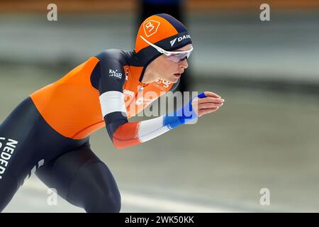 Calgary, Kanada. Februar 2024. CALGARY, KANADA - 18. FEBRUAR: Irene Schouten aus den Niederlanden trat am 18. Februar 2024 in Calgary, Kanada auf den 5000 m der Frauen bei der ISU World Speed Skating Single Distance Championships bei Olympic Oval an. (Foto von Andre Weening/Orange Pictures) Credit: Orange Pics BV/Alamy Live News Stockfoto