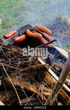 Traditionelle Würstchen, die über einem grasbewachsenen Lagerfeuer mit Holzkohle geröstet werden und weißen Rauch abgeben. Würstchen haben eine schöne goldbraune Farbe. Stockfoto