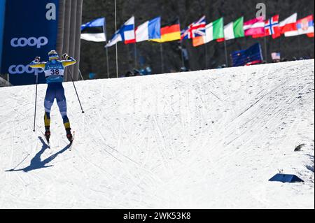 Minneapolis, Minnesota, USA, 18. Februar 2024: Die spätere Siegerin Jonna Sundling aus Schweden nähert sich dem Ziel auf dem Weg zum Sieg beim 10-km-FIS-Weltmeisterschaft Loppet Cup der Damen im Theodore Wirth Regional Park in Minneapolis, Minnesota, USA. Autor: John Lazenby/Alamy Live News Stockfoto