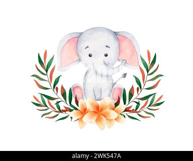 Aquarell süßer Elefant, sitzend, umgeben von einem Kranz aus tropischen Pflanzen und Blumen. Handgezeichnete Illustration, isoliert auf weißem Hintergrund Stockfoto