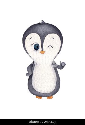 Handgezeichnete Aquarell-Pinguin-Illustration isoliert auf weißem Hintergrund. Stockfoto