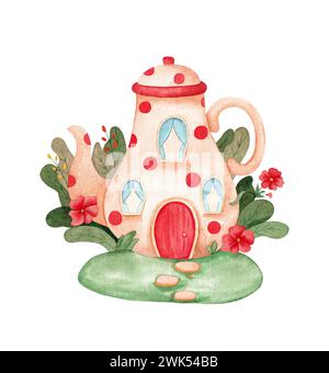 Aquarellillustration eines Teekannenhauses mit Blumen. Handgezeichnete Illustration isoliert auf weißem Hintergrund. Stockfoto