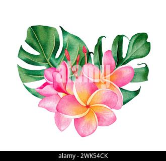Tropisches Blumenstrauß mit Plumeria und Blättern, isoliert auf weißem Hintergrund. Handgezeichnete Illustration für Kosmetik- und Parfümverpackungen Stockfoto
