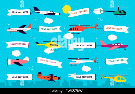 Flugzeug mit Banner. Fliegende Flagge auf Hubschrauber in der Luft. Werbeaktion. Geburtstagsband im Sommerhimmel. Anzeige Pennant aus dem Flugzeug. Reisenachrichten in Wolken. Vektorplakate mit flachen Vektorplakaten Stock Vektor