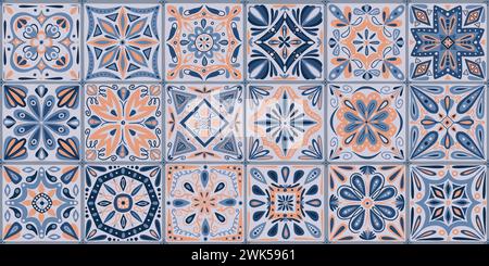 Flickwerk. Nahtloses portugiesisches Muster oder spanische Bohemienblumen, farbenfrohe Vintage-Dekoration. Dekor aus Textil, Geschenkpapier und Tapetendesign. Stoffdruck. Vektor-Hintergrunddesign Stock Vektor