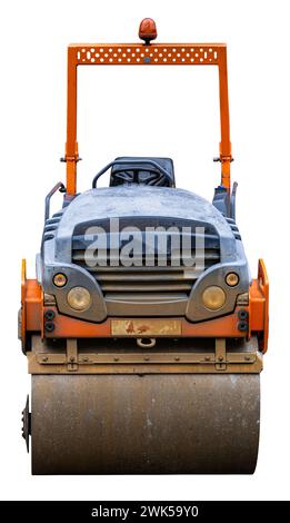 Ein schwerer, grungy Road Roller, isoliert auf weißem Hintergrund Stockfoto