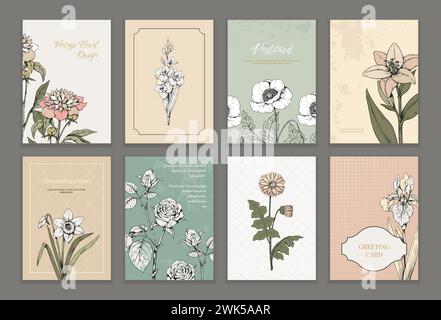 Vintage Blumengestelle. Florale Rose Tapete, romantische und elegante Grafikkarte Hintergrund für Hochzeit und Geburtstagseinladung. Handgezeichnete elegante Pflanzen, Frühlingstulpe und Mohn. Klassisches Vektor-Design Stock Vektor
