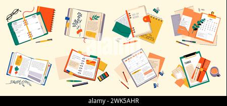 Tagebuch-Notizbuch. Buch Handnotiz mit Stift schreibe Kritzele auf Schulpapierseite, trendiger offener Notizblock. Isolierte Elemente der Draufsicht. Büro- oder Schulpapier, täglicher und wöchentlicher Organisator. Vektorsymbole Stock Vektor