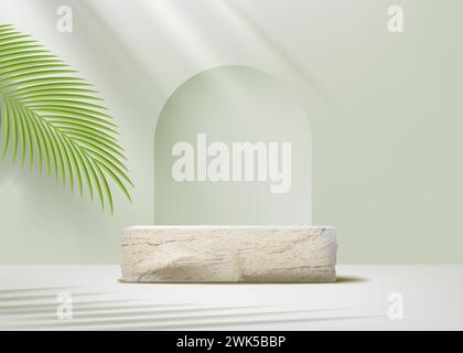 3D Spa Podium. Sommer-Stein-Display oder Studio-Produktplattform, grün-grauer Naturständer. Tropische Palmblätter. Leere Schaufenster, umweltfreundliche Kosmetikpräsentation. Vektortextur Hintergrund Stock Vektor