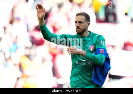 Madrid, Spanien. Februar 2024. Jan Oblak von Atletico de Madrid spielte am 17. Februar im Civitas Metropolitano Stadium in Madrid, Spanien, während des Liga-Spiels zwischen Atletico de Madrid und UD Las Palmas. (Foto: Cesar Cebolla/PRESSINPHOTO) Credit: PRESSINPHOTO SPORTS AGENCY/Alamy Live News Stockfoto