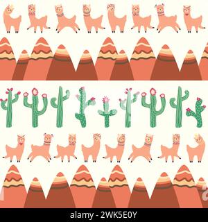 Süßes Muster mit Lamas, Kakteen, Alpen, Traumfänger, Regenbogen und Herzen. Kinderzimmerdesign, bedruckte Stoffe, Tapeten, Verpackung Stock Vektor