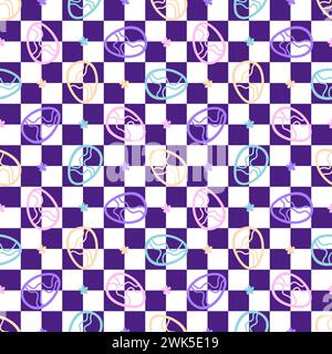 Abstraktes kariertes geometrisches Ostereier nahtloses quadratisches Retro-Muster zum Einpacken von Papier und Stoffen, Kinderbekleidung und Frühlingsverpackungen Stockfoto