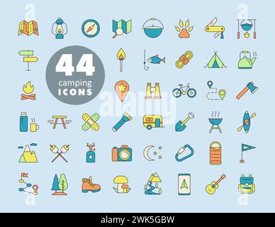 Camping, Wandern, Natur und Outdoor-Aktivitäten Icons Set. Graph Symbol für Reise-und Tourismus-Website und Apps Design, Logo, App, UI Stock Vektor