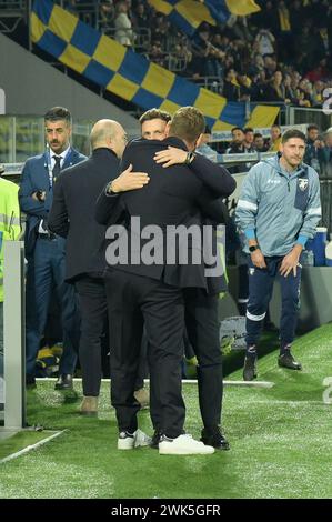 Rom, Italien. 18. Februar 2024, Stadio Benito Stirpe, Roma, Italien; Fußball der Serie A; Frosinone versus Roma; Eusebio Di Francesco Coach von Frosinone und Daniele de Rossi Coach von AS Roma Credit: Roberto Ramaccia/Alamy Live News Stockfoto