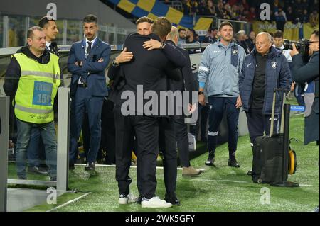 Rom, Italien. 18. Februar 2024, Stadio Benito Stirpe, Roma, Italien; Fußball der Serie A; Frosinone versus Roma; Eusebio Di Francesco Coach von Frosinone und Daniele de Rossi Coach von AS Roma Credit: Roberto Ramaccia/Alamy Live News Stockfoto