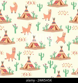 Süßes Muster mit Lamas, Kakteen, Alpen, Traumfänger, Regenbogen und Herzen. Kinderzimmerdesign, bedruckte Stoffe, Tapeten, Verpackung Stock Vektor