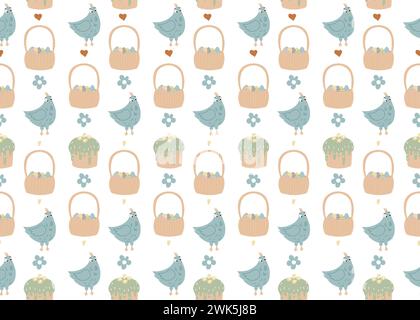Ostermuster. Vektor nahtlose Textur mit Hühnern, Herzen, Korb und osterkuchen. Kindliches nahtloses Muster im Cartoon-Stil für Stock Vektor
