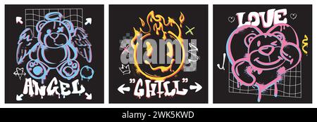 Plakate mit Teddybär in Sprühfarbe und flammender Emoji-Ikone mit Typografie-Schriftzug im Graffiti-Stil. Vektor-Illustration Design Cover mit Tinte Zeichen, Aufkleber für Urban Stil Hemden, Street Wear. Stock Vektor