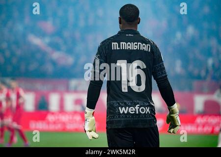 Monza, Italien. Februar 2024. Mike Maignan (AC Milan) während des AC Monza vs AC Milan, italienischer Fußball Serie A Spiel in Monza, Italien, 18. Februar 2024 Credit: Independent Photo Agency/Alamy Live News Stockfoto