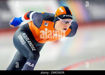 Calgary, Kanada. Februar 2024. CALGARY, KANADA - 18. FEBRUAR: Joy Beune aus den Niederlanden tritt am 18. Februar 2024 in Calgary, Kanada auf der 1500-m-Strecke der Frauen bei der ISU World Speed Skating Single Distance Championships im Olympischen Oval an. (Foto von Andre Weening/Orange Pictures) Credit: Orange Pics BV/Alamy Live News Stockfoto