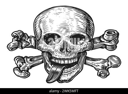 Schädel mit gekreuzten Knochen. Piratensymbol Jolly Roger Skizzengravur. Handgezeichnete Vektorgrafik Stock Vektor